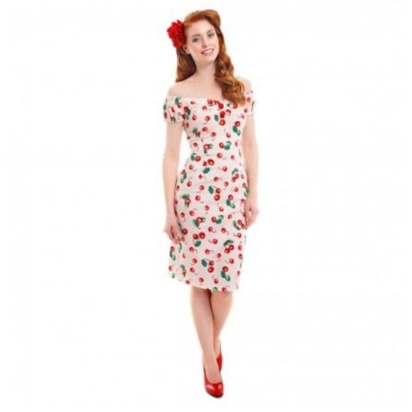 NWT Collectif UK 20 US 16 Dolores 50s Cherry Print Pencil Dress Pin Up Coquette - Picture 1 of 10